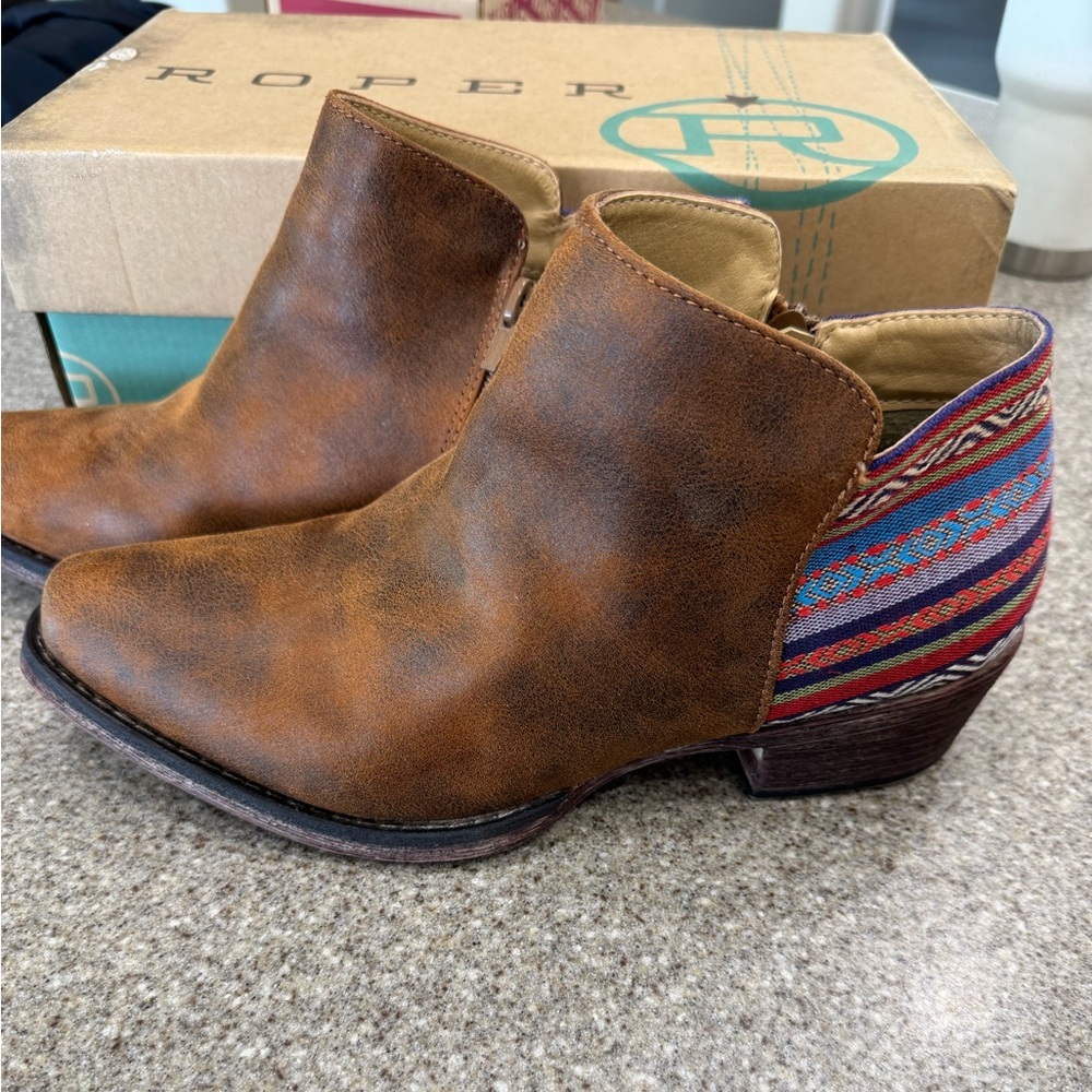 Roper Sedona Brown Ankle Boots with Colorful Pattern